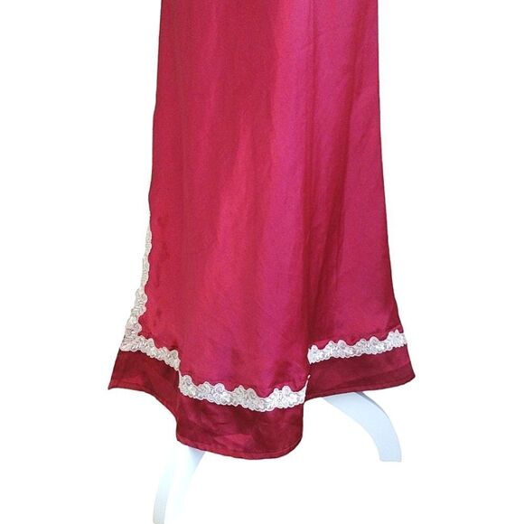 VTG 90s Red Satin White Lace Trim Long Slitted Lingerie Slip Dress Large - Picture 14 of 15